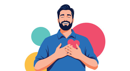 A joyful man with his eyes closed, holding a red heart to his chest with his hands, expresses feelings of love, gratitude, and inner peace.