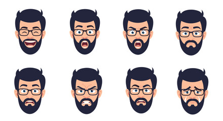 A collection of a bearded man's diverse facial expressions and emotions, from happiness and surprise to anger and sadness, in a cartoon vector style.