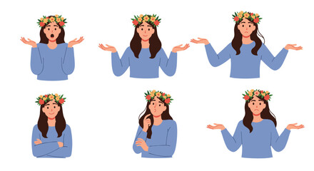Young woman in a flower crown displaying a range of emotions and gestures, including shrugging, thinking, and surprise, on a white background.