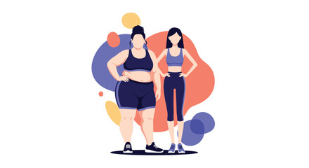 Two women in athletic wear showcasing body transformation, from a fuller figure to a more slender physique, representing fitness goals.