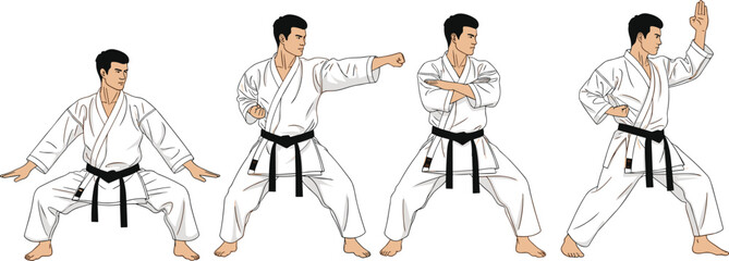 Traditional karate martial arts sequence showing black belt fighter performing dynamic kata movements in multiple stances, detailed vector illustration for training concepts