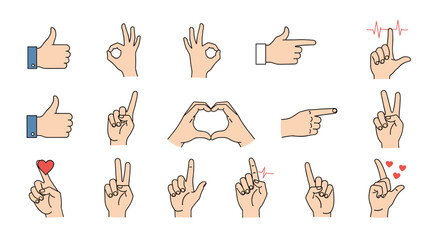 A diverse collection of human hand gestures and signs conveying communication, approval, direction, and various emotions on a white background.