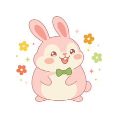 Cute Pink Rabbit Mascot Character Wearing a Green Bow Tie Surrounded by Flowers and Sparkles Cartoon Vector Illustration