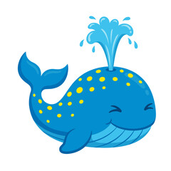 Cute Blue Whale Mascot Character with Yellow Spots Spouting Water from Blowhole Happy Sea Animal Cartoon Vector Illustration