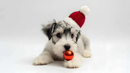 Dog Wearing Santa Hat Holding Ball in Mouth Festive Holiday Pet