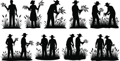Wheat, harvest, silhouette, posture, gesture, bundle, cut, collect, field, crop, rural, agriculture, labor, traditional, hat, stalk, setup, vector, black, pose, flavector