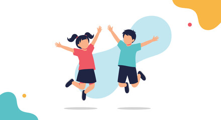 Two cheerful young children, a boy and a girl, jump with their arms outstretched in a joyful display on a white background with abstract shapes.