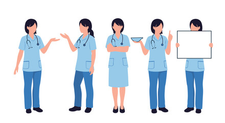 A collection of five diverse female nurses in blue scrubs and stethoscopes, showcasing various poses for medical care, instruction, and presentation.