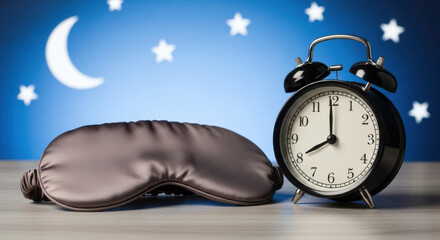 Still life featuring a satin sleep mask and black alarm clock on a wooden surface, set against a backdrop of a starry sky and moon in peaceful night theme.