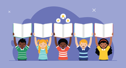 Five smiling children from various backgrounds are enthusiastically holding blank open books above their heads, symbolizing learning and literacy.