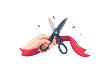 Hand holds scissors cutting a flowing red ribbon, with confetti