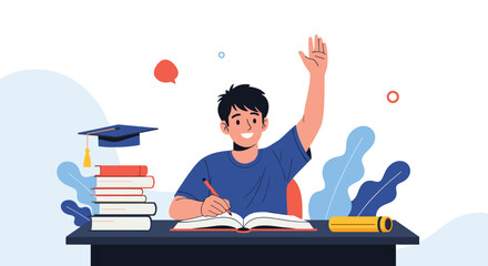 A happy student raises a hand while studying at a desk with books and a graduation cap, symbolizing learning and achievement.