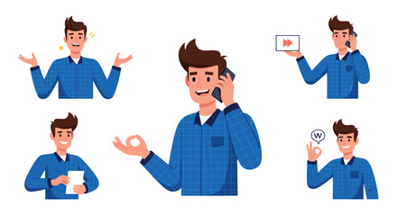 A cheerful man in a blue plaid shirt is depicted in various actions, including phone calls, showing approval, shrugging, and holding documents.