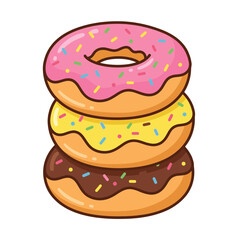 Stack of Three Colorful Glazed Donuts with Sprinkles Cute Cartoon Illustration for Bakery Dessert and Sweet Food