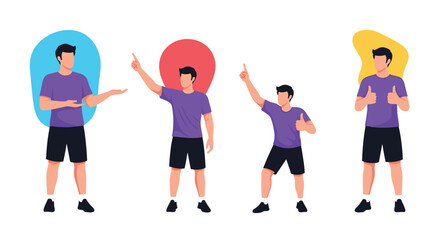 Four male cartoon characters in casual attire illustrating a range of gestures and expressions with abstract color backdrops.
