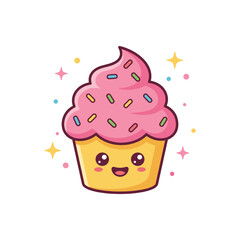 Cute Cartoon Cupcake Dessert with Pink Frosting and Sprinkles Illustration for Celebration and Birthday Design