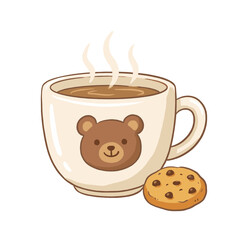 Hot steaming coffee or cocoa in a cute bear-themed mug with a chocolate chip cookie, charming cartoon vector illustration for cozy, comfort, autumn, and winter concepts