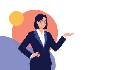 A confident female professional in a suit and glasses presenting information or gesturing with an open palm against a colorful, abstract background with ample copy space.