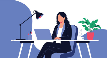 A focused professional woman is working diligently on her laptop at a clean, modern desk in a home office setting.