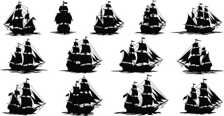 Sailing, ship, silhouette, posture, gesture, mast, sail, flag, vessel, grid, maritime, history, classic, setup, naval, tradition, vector, black, pose, flavector © merajul