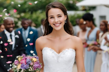 Naklejka premium Happy bride smiling during wedding petal toss