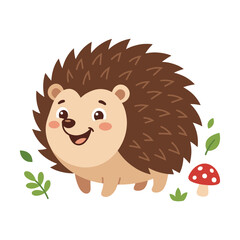 Cute smiling hedgehog surrounded by leaves and a mushroom, adorable cartoon vector illustration for woodland, nature, animals, and children's designs