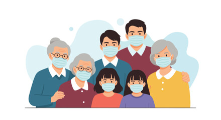 A multi-generational family portrait featuring grandparents, parents, and children, all wearing blue protective face masks.