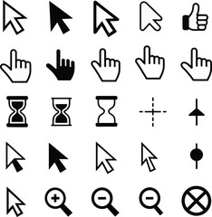 Set of common computer cursor and mouse pointer icons in black and white click select