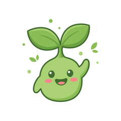 Adorable smiling green sprout character with two leaves and waving hand, cute cartoon vector illustration for growth, nature, eco, environment, and spring concepts