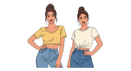 Two young women with similar features and hairstyles, dressed in casual crop tops and jeans, posing confidently with hands on hips.