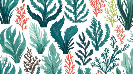 Seamless pattern Underwater plant icons, flat seaweed designs, simple and organic, separated on white background.