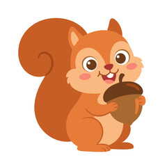 Adorable smiling squirrel holding a large acorn, cute cartoon vector illustration for autumn, nature, woodland animals, and wildlife concepts