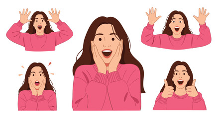 A young woman in a pink sweater displays various expressions of surprise, excitement, and happiness, with open mouth gestures and expressive hand movements.