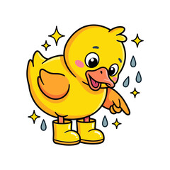 Cute yellow duckling in rain boots pointing at sparkling raindrops, adorable cartoon vector illustration for spring, rain, weather, and children's designs