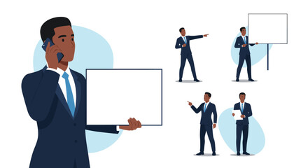 A collection of diverse illustrations depicting a Black businessman engaged in various professional activities, like calls, presentations, and tasks.