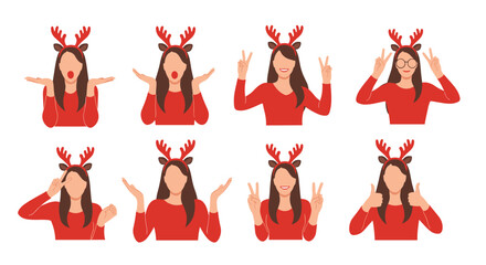 A cheerful woman in a red sweater and reindeer antlers headband shows various festive and expressive gestures for the holiday season.