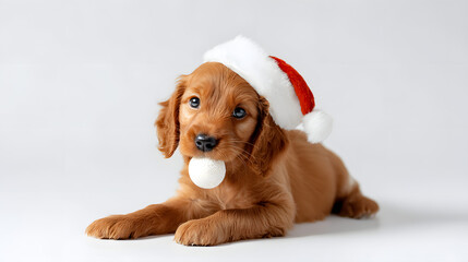 Dog Wearing Santa Hat Holding Ball in Mouth Festive Holiday Pet