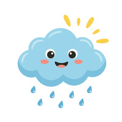 Happy smiling blue cloud character raining with water droplets, cute cartoon vector illustration for weather, spring, rain, and cheerful forecast concepts