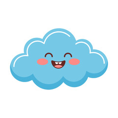 Simple cheerful blue cloud character with a wide, happy smile, cute flat cartoon vector illustration for weather, mood, happiness, and cheerful concepts