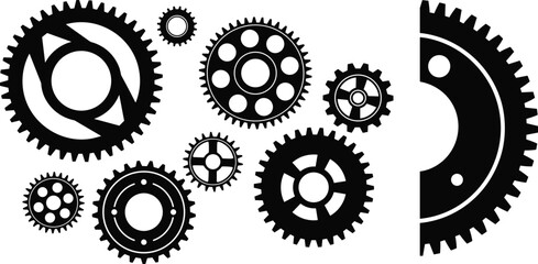 Gear, stylized, silhouette, posture, gesture, teeth, cutout, circular, mechanical, motion, force, setup, engineering, abstract, design, vector, black, pose, flavector, machinery
