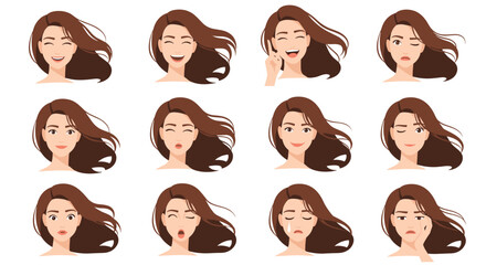 A set of diverse facial expressions and emotions from a young woman with flowing brown hair, including joy, surprise, anger, sadness, and more.
