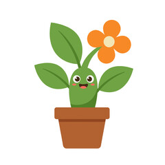 Cute smiling potted plant character with orange flower and green leaves, adorable cartoon vector illustration for gardening, spring, botany, and home decor concepts
