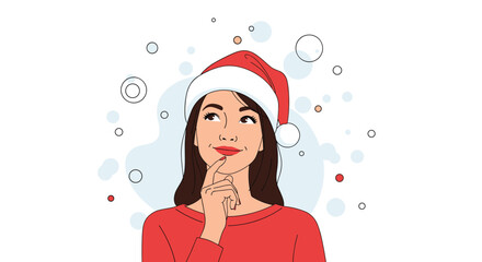 A thoughtful young woman wearing a Santa hat, looking up with a pensive expression, surrounded by abstract festive elements.