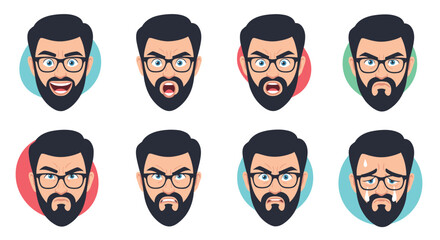An illustrated set of a bearded man with glasses displaying a variety of human emotions, including happiness, anger, and distress.