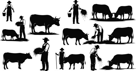 Cow, farming, activity, silhouette, posture, gesture, feed, bucket, hay, apron, hat, rural, livestock, care, setup, agriculture, vector, black, pose, flavector