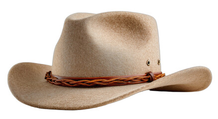 A beige felt cowboy hat with a braided leather band