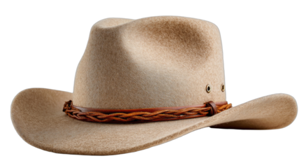 A beige felt cowboy hat with a braided leather band