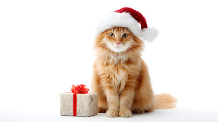 Brown Cat Wearing Santa Hat with Gift Festive Christmas Pet Portrait