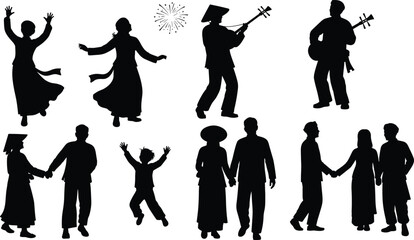 Celebration, culture, silhouette, posture, gesture, jump, dance, music, instrument, hat, child, couple, firework, setup, tradition, expressive, festival, vector, black, pose, flavector