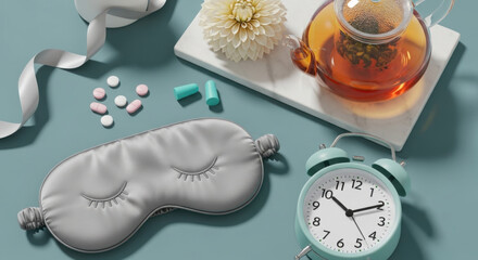 A still life featuring a gray sleeping mask, a clear teapot filled with tea, a teal alarm clock, pills, earplugs, and a white flower on a light blue surface, promoting sleep and relaxation.